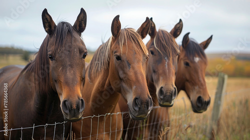 Three horses are standing in a field with a fence in the background. The horses are brown and white  and they are looking at the camera