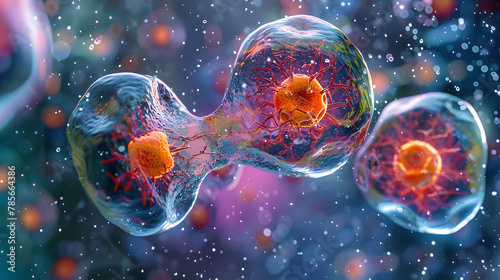 An image of euglenoids undergoing the process of binary fission where a single cell divides into two identical daughter cells. The