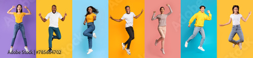 Vibrant Group of People Jumping in Joy Against Colorful Backgrounds