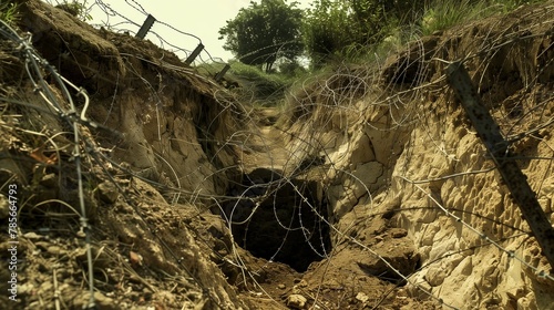 Landscape torn up by war. With holes trenches and barbed wire.