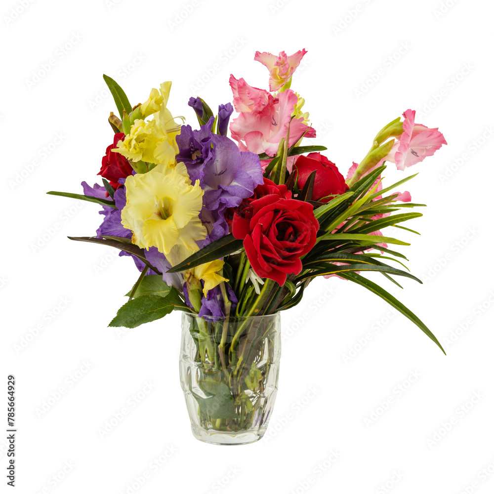 Bouquet of mixed flowers and leaves in vase isolated on transparent background Bouquet of mixed flowers and leaves in vase isolated on transparent background