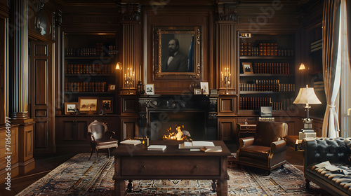 A classic study with dark wood paneling and a grand fireplace.