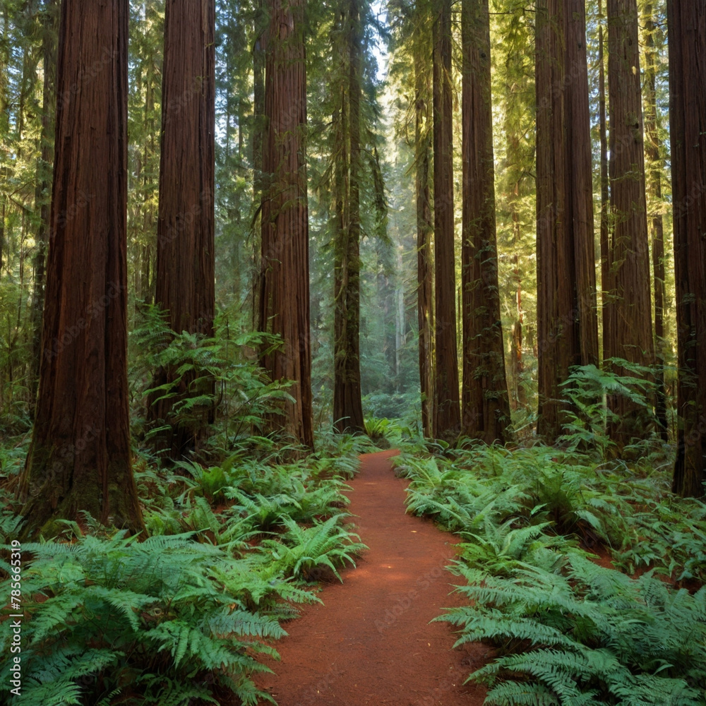 Ancient Forest Path Lined with Giant Redwoods Ancient Forest Path Lined with Giant Redwoods