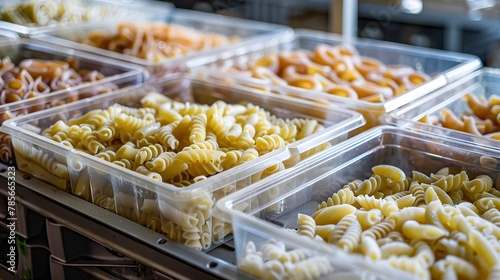 Front shot of a leftover pasta stored in boxes or containers