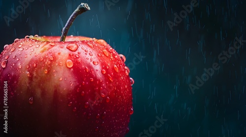 Macro view of a red delicious apple withater drops on it