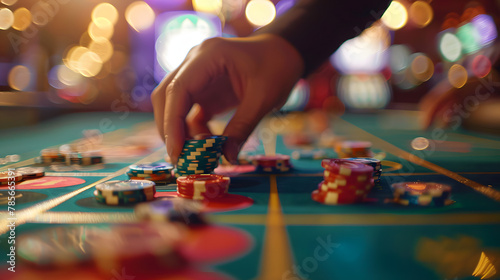 A close-up of a hand placing bets on a roulette table with chips scattered across numbers capturing the moment of risk.