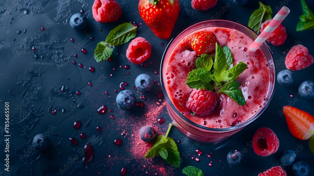 Top view a smoothie on a dark background decorated with fruit and mint Top view a smoothie on a dark background decorated with fruit and mint