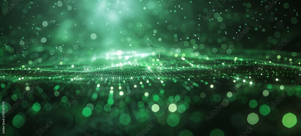 Abstract green particle blurred background. Big Data technology visualization. Neon Glowing Flow of data. Abstract green particle blurred background. Big Data technology visualization. Neon Glowing Flow of data.