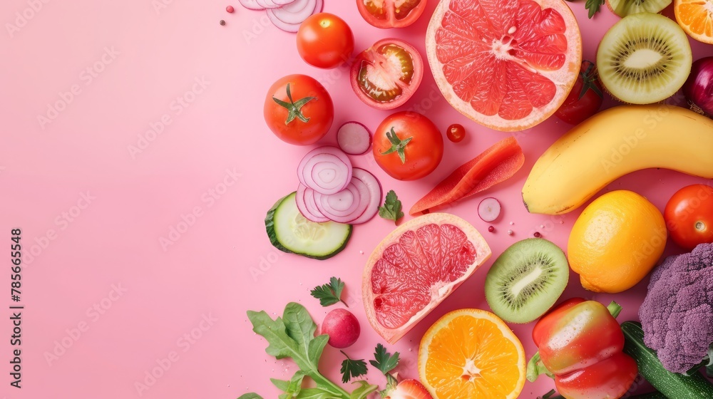 Healthy food, vegetables and fruits, top view