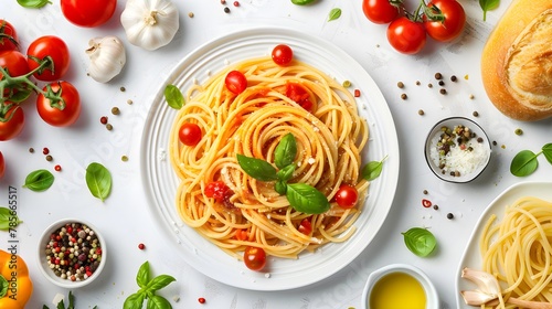 Top view of spaghetti in a plate on a white background surrounded by various vegetables