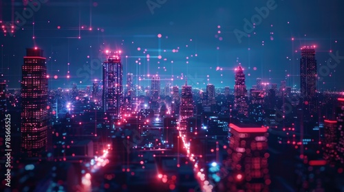 Smart city technology innovation concept with connect dots and lines. Glowing neon illustration background. Business connection  big data  network and global communication.