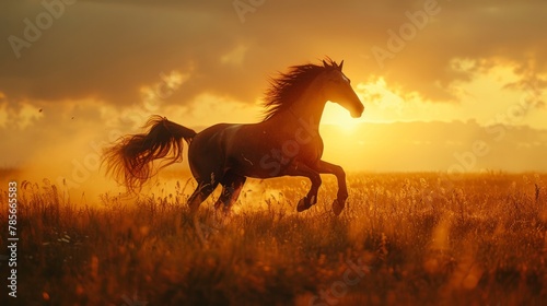 Horse Running Through Field at Sunset