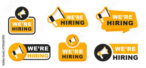We are hiring badge. Recruitment advertising banner. Announcement job open vacancy. Banner for business, marketing and advertising. Vector illustration.