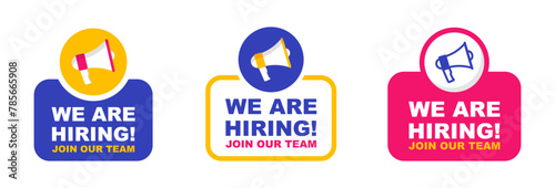 We are hiring badge. Recruitment advertising banner. Announcement job open vacancy. Banner for business, marketing and advertising. Vector illustration.