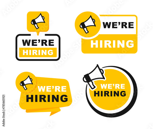 We are hiring badge. Recruitment advertising banner. Announcement job open vacancy. Banner for business, marketing and advertising. Vector illustration.