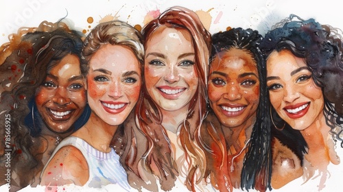 A group of women with different hair colors and styles are smiling for the camera. The painting captures the essence of diversity and unity among women