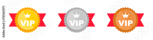 VIP label in gold, silver and bronze color. Vip icon with crown and stars. Vector sign.