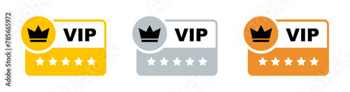 VIP label in gold, silver and bronze color. Vip icon with crown and stars. Vector sign.