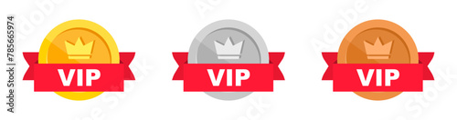 VIP label in gold, silver and bronze color. Vip icon with crown and stars. Vector sign.