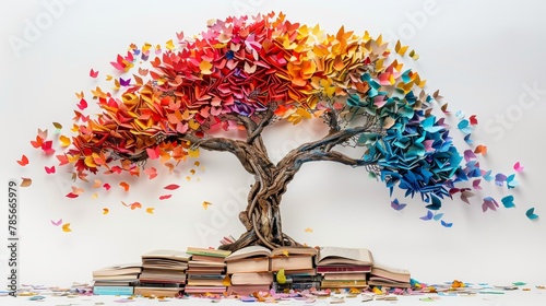 A tree made of paper butterflies with books stacked on the ground. Scene is whimsical and playful, as the tree is made of paper and the books are scattered around it