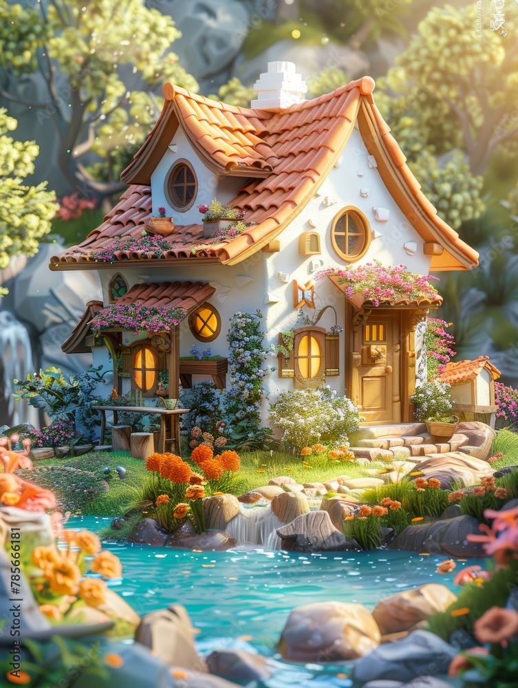 A small house with a white roof and red trim sits in front of a waterfall. The house is surrounded by a garden with flowers and a pond. The scene is peaceful and serene
