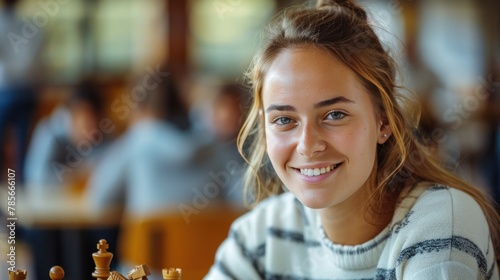Bright, beautiful photograph of a young woman playing chess