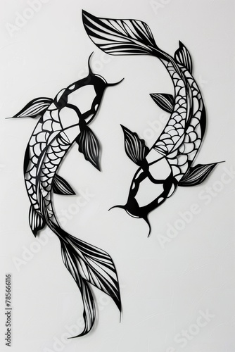 Two black and white fish with white fins. The fish are in a patterned design