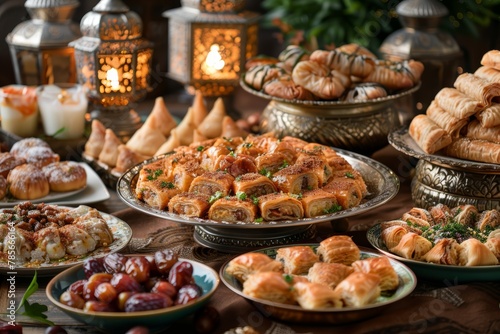 A table full of food with a variety of pastries and desserts. Scene is festive and celebratory, as it is a buffet for a special occasion