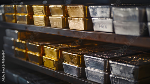 A collection of gold and silver bullion bars stacked in a secure vault symbolizing wealth preservation and investment security. photo