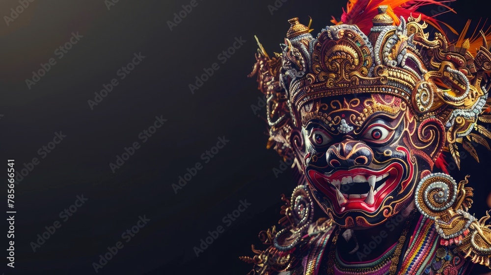 Evil dancer wearing a traditional Rangda mask of a demon