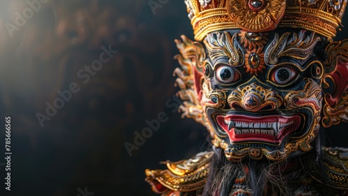 Evil dancer wearing a traditional Rangda mask of a demon © Desinage