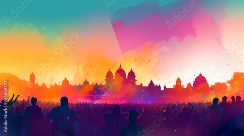 vector watercolor illustration of happy people dancing on holi dust in India . 