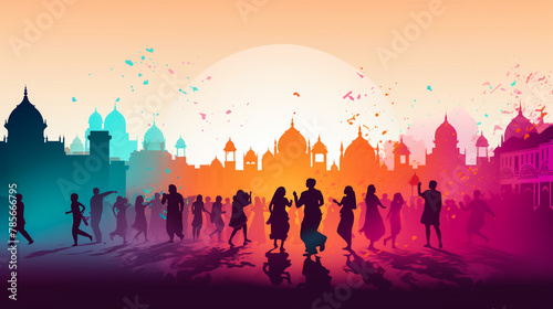 vector watercolor illustration of happy people dancing on holi dust in India . 