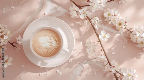 Cappuccino cup with white branch of cherry blossoms on the table