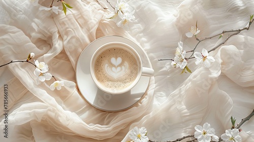 Cappuccino cup with white branch of cherry blossoms on the table