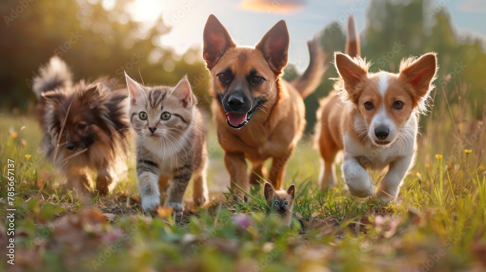 Group of happy pets cats and dogs walking together on the green grass at meadow. AI generated image