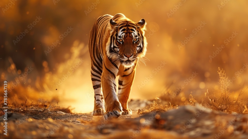Portrait wild male tiger walking in the savanna at golden summer scene. AI generated image