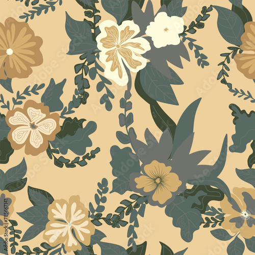 stylized flowers in flat style hand drawn vector seamless pattern. Retro style