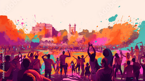 vector watercolor illustration of happy people dancing on holi dust in India . 