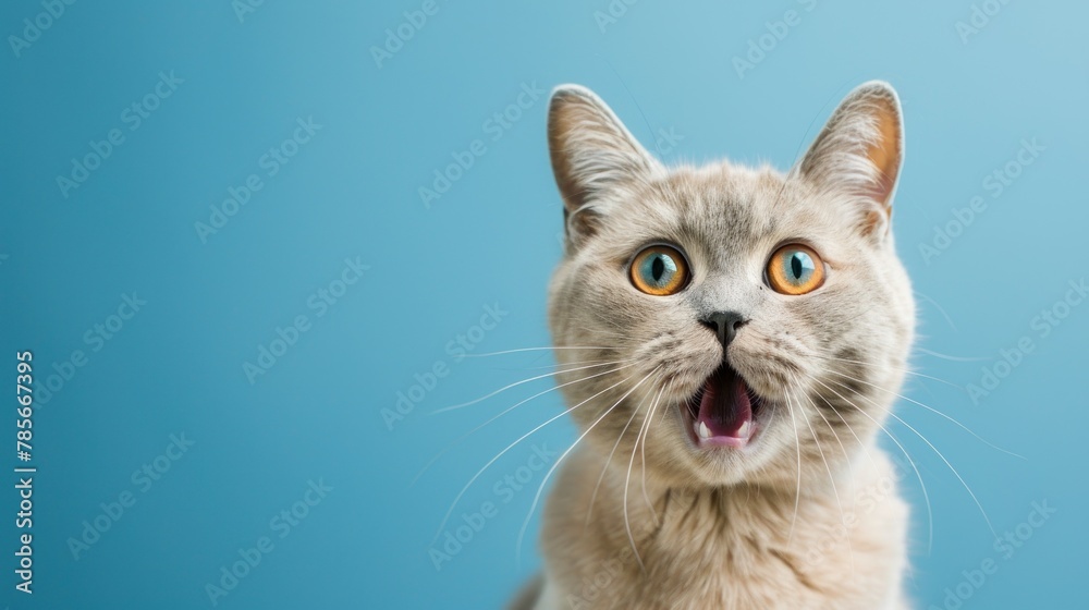 Portrait a funny shocked british short hair cat pet animal on blue background. AI generated image