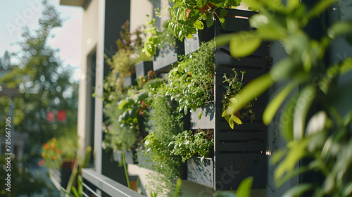 A compact balcony featuring a herb garden wall made from upcycled materials creating an eco-chic space efficient and stylish. © Finn