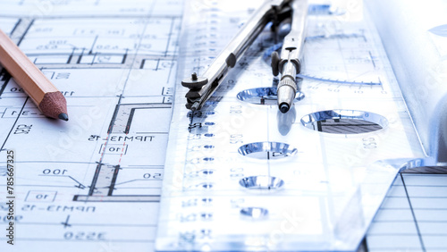 compass on design drawings of a residential building photo