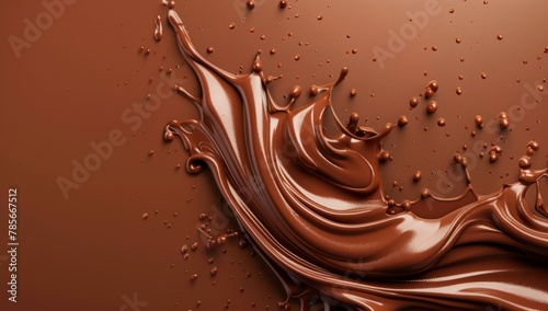 A swirl of chocolate cream with liquid pouring down, against a solid brown background Generative AI
