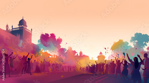 vector watercolor illustration of happy people dancing on holi dust in India .
 photo