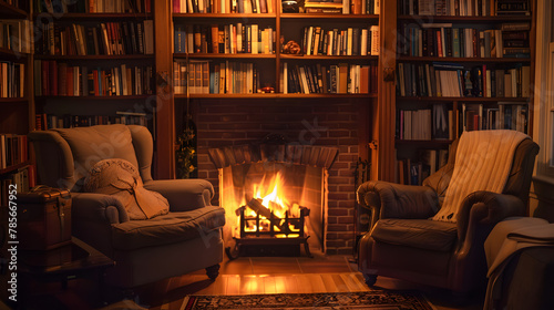 A cozy fireside reading corner with plush armchairs and soft lighting. photo