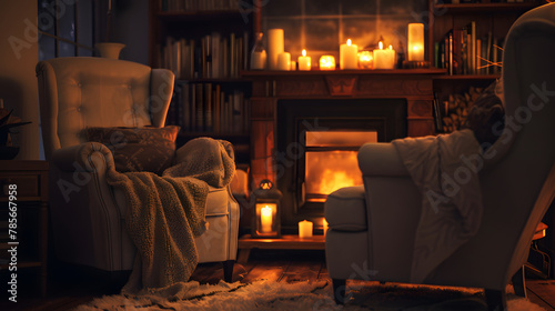 A cozy fireside reading corner with plush armchairs and soft lighting. photo