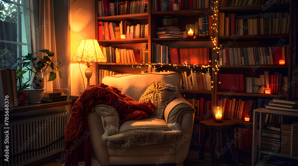 A cozy reading nook with a comfortable armchair soft lighting and books piled high.