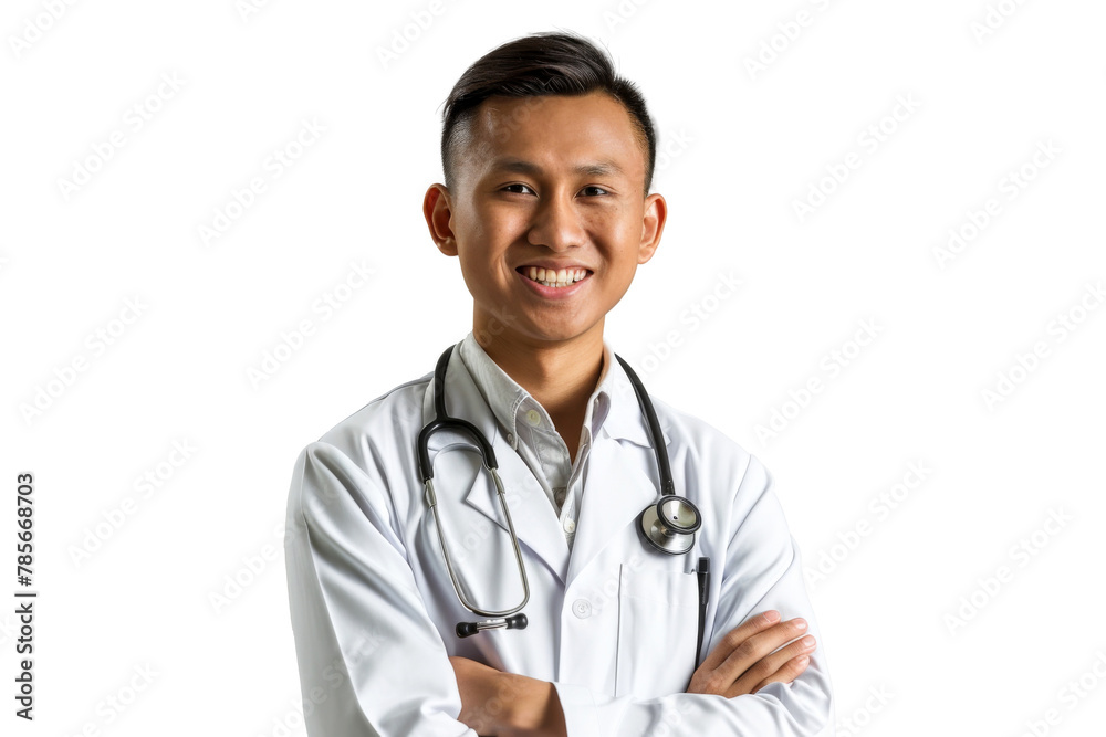 Studio Portrait of smiling Doctor with uniform outfits or laboratory white coat isolated on transparent png background. Studio Portrait of smiling Doctor with uniform outfits or laboratory white coat isolated on transparent png background.