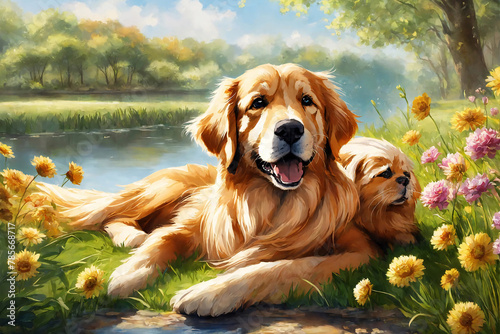 Painted picture of golden retriever and golden pekingese. Dogs lie in nature on the river coast.