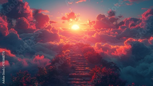 Staircase ascending to tree in cloudy atmosphere at sunset with orange afterglow